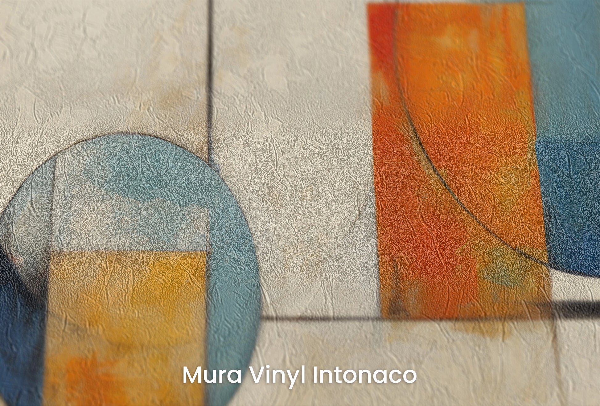 Zbliżenie na artystyczną fototapetę o nazwie Circular Geometric Harmony na podłożu Mura Vinyl Intonaco - struktura tartego tynku.