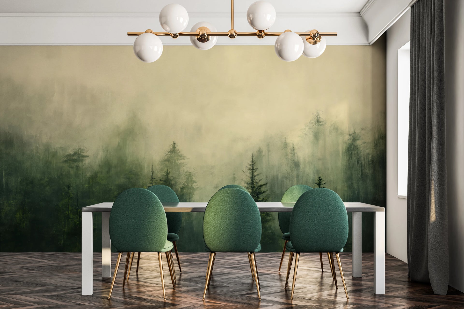 Green Darkness - stimmungsvolle Tapete eines Waldes im Nebel in gedämp –  DECOMURA, image size:1920x1280