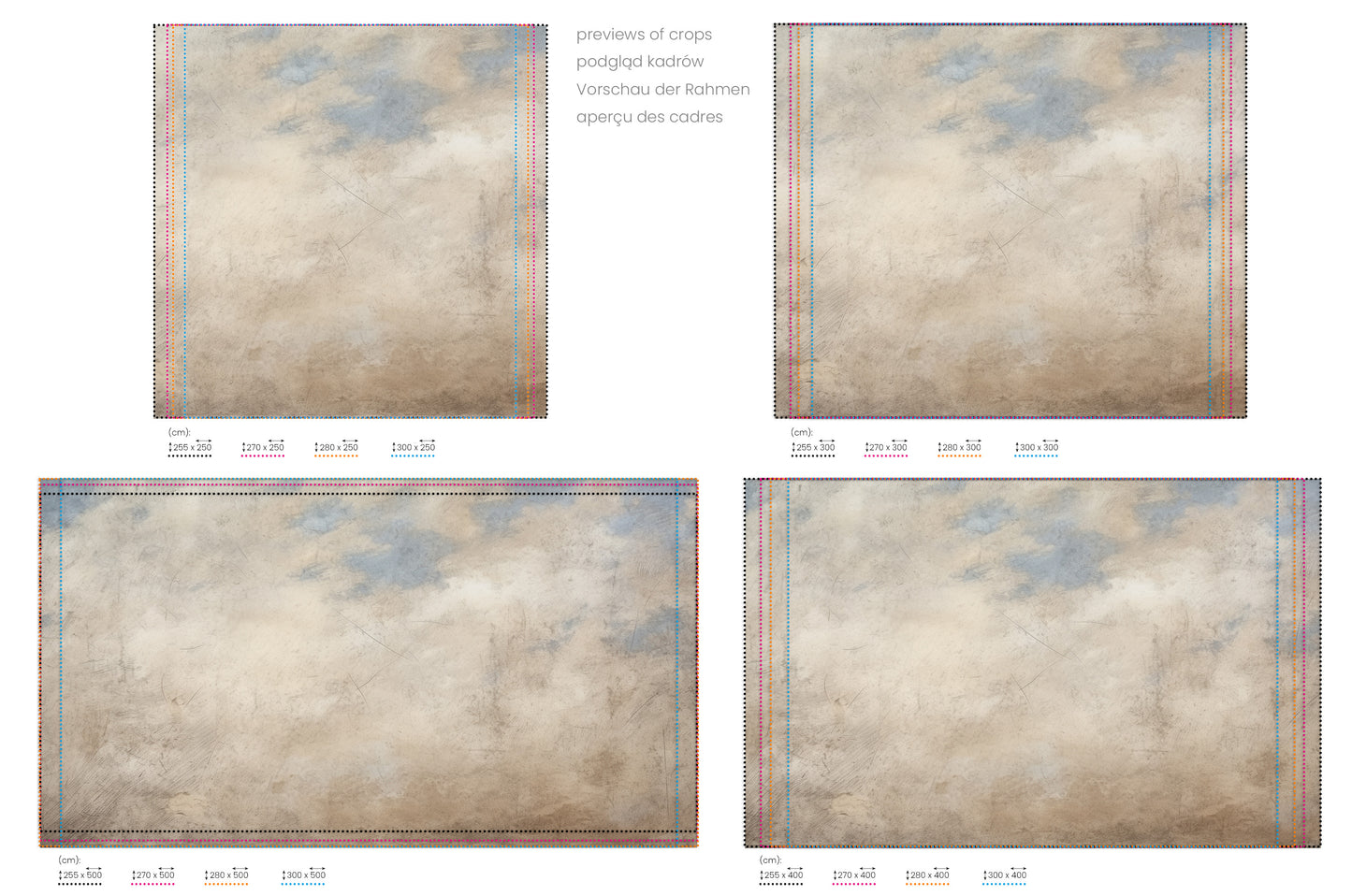Na obrazie znajduje się prezentacja przykładowych rozmiarów fototapety o nazwie ETHEREAL SKY DANCE. Rozmiar fototapety jest dowolny.