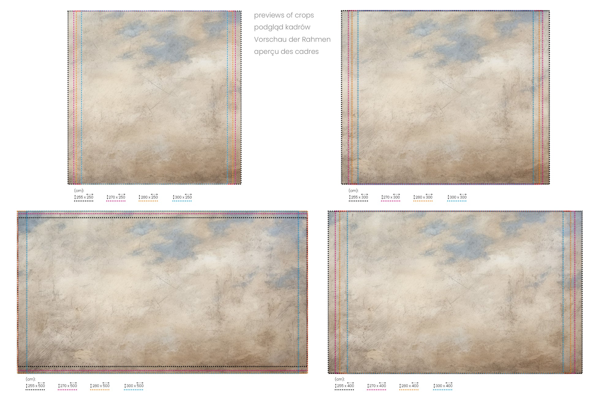 Na obrazie znajduje się prezentacja przykładowych rozmiarów fototapety o nazwie ETHEREAL SKY DANCE. Rozmiar fototapety jest dowolny.