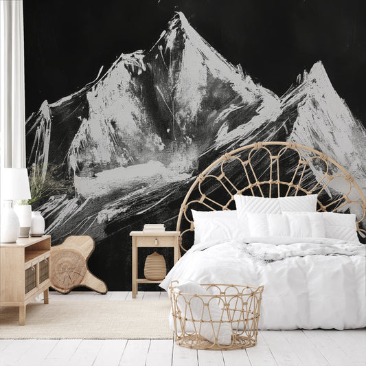 Wzór fototapety artystycznej o nazwie Charcoal Peaks pokazanej w aranżacji wnętrza.