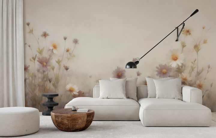 Wzór fototapety malowanej o nazwie Serene Blossoms pokazanej w aranżacji wnętrza.