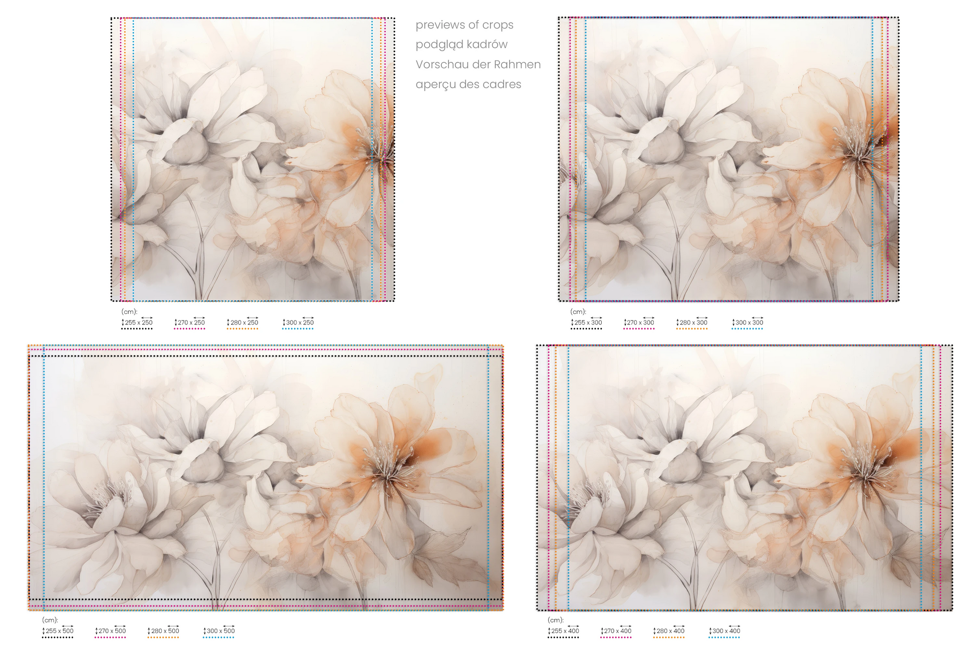 Na obrazie znajduje się prezentacja przykładowych rozmiarów fototapety o nazwie Neutral Florals. Rozmiar fototapety jest dowolny.