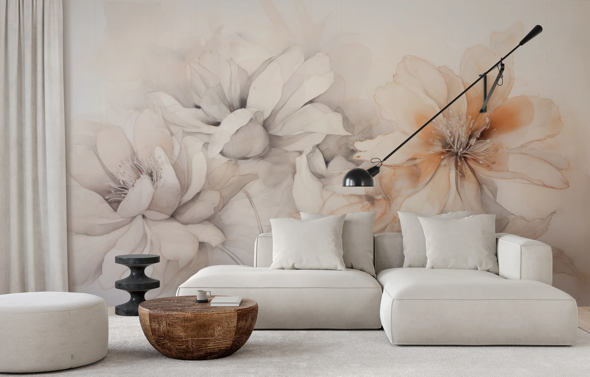 Fototapeta artystyczna o nazwie Neutral Florals pokazana w aranżacji wnętrza.