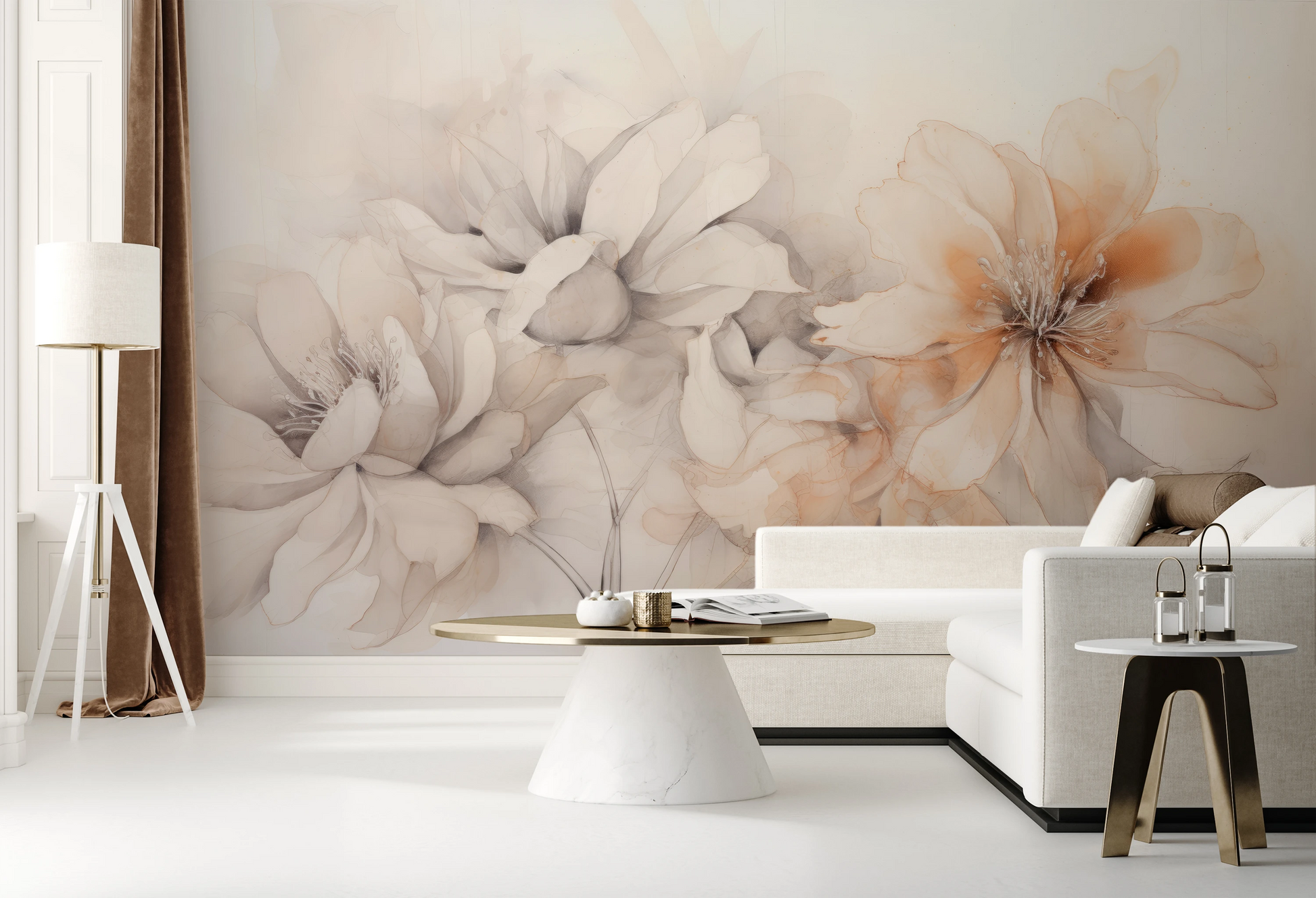 Wzór fototapety artystycznej o nazwie Neutral Florals pokazanej w aranżacji wnętrza.