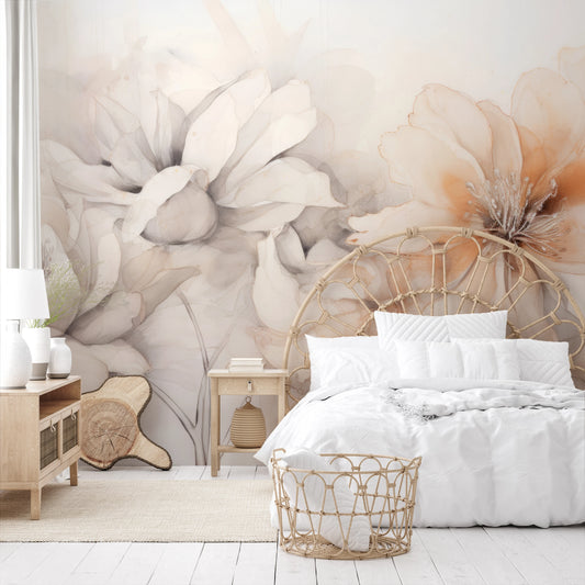 Wzór fototapety artystycznej o nazwie Neutral Florals pokazanej w aranżacji wnętrza.