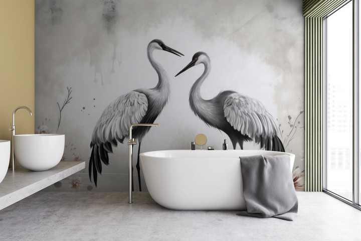 Wzór fototapety malowanej o nazwie Graceful Pair pokazanej w aranżacji wnętrza.