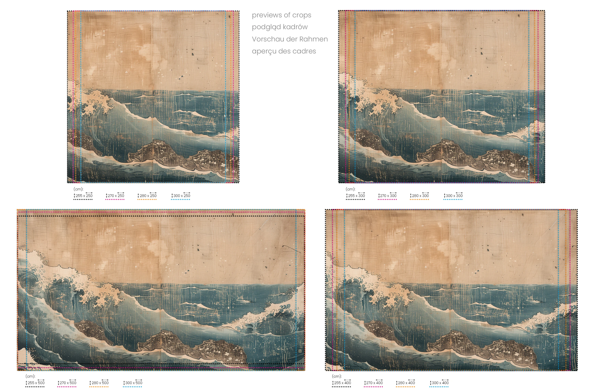 Na obrazie znajduje się prezentacja przykładowych rozmiarów fototapety o nazwie Vintage Sea Scroll. Rozmiar fototapety jest dowolny.