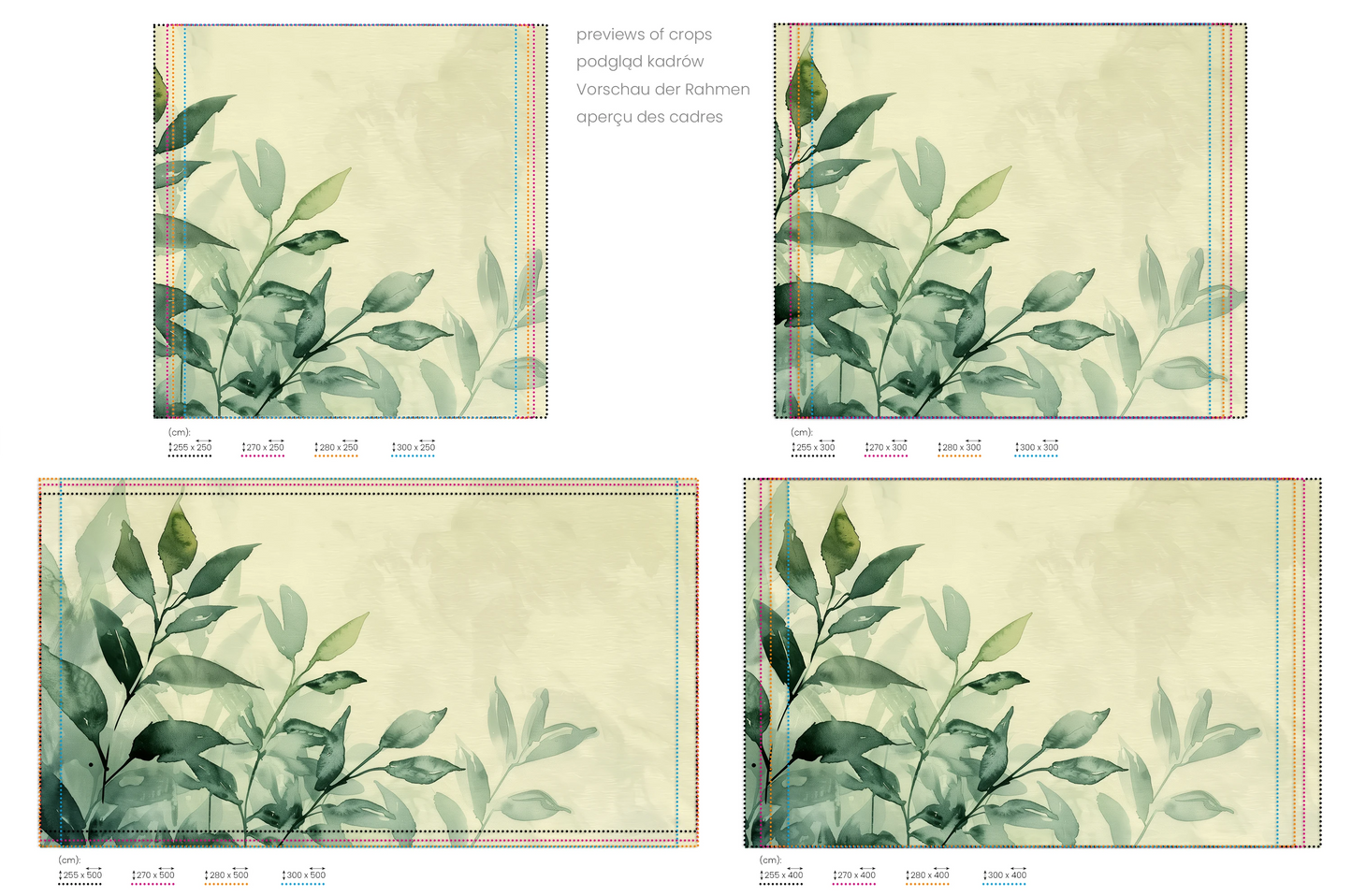 Na obrazie znajduje się prezentacja przykładowych rozmiarów fototapety o nazwie Gentle Foliage. Rozmiar fototapety jest dowolny.