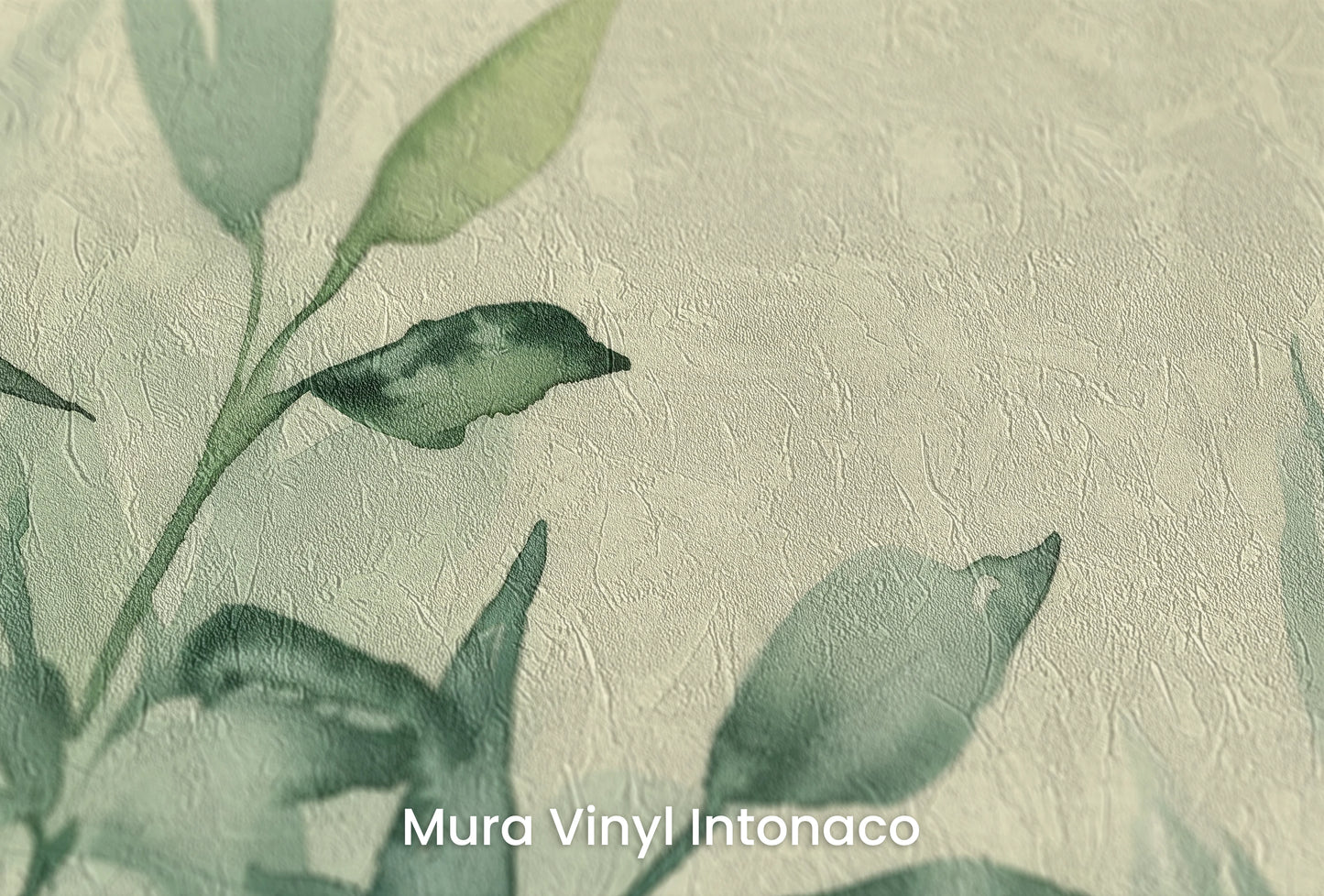 Zbliżenie na artystyczną fototapetę o nazwie Gentle Foliage na podłożu Mura Vinyl Intonaco - struktura tartego tynku.