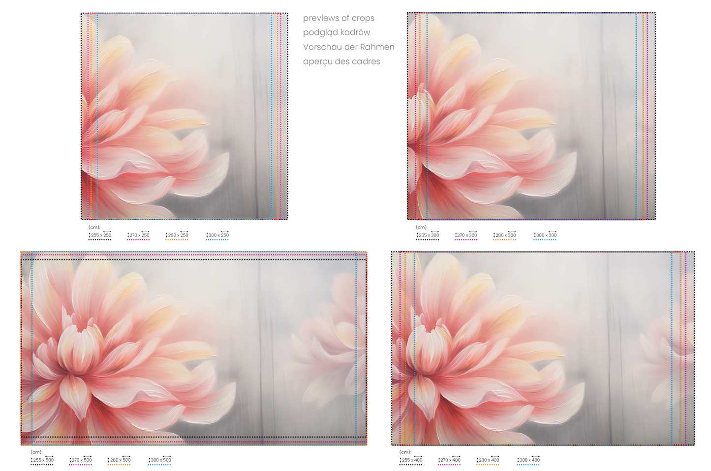 Na obrazie znajduje się prezentacja przykładowych rozmiarów fototapety o nazwie Pink Petal Whirl. Rozmiar fototapety jest dowolny.