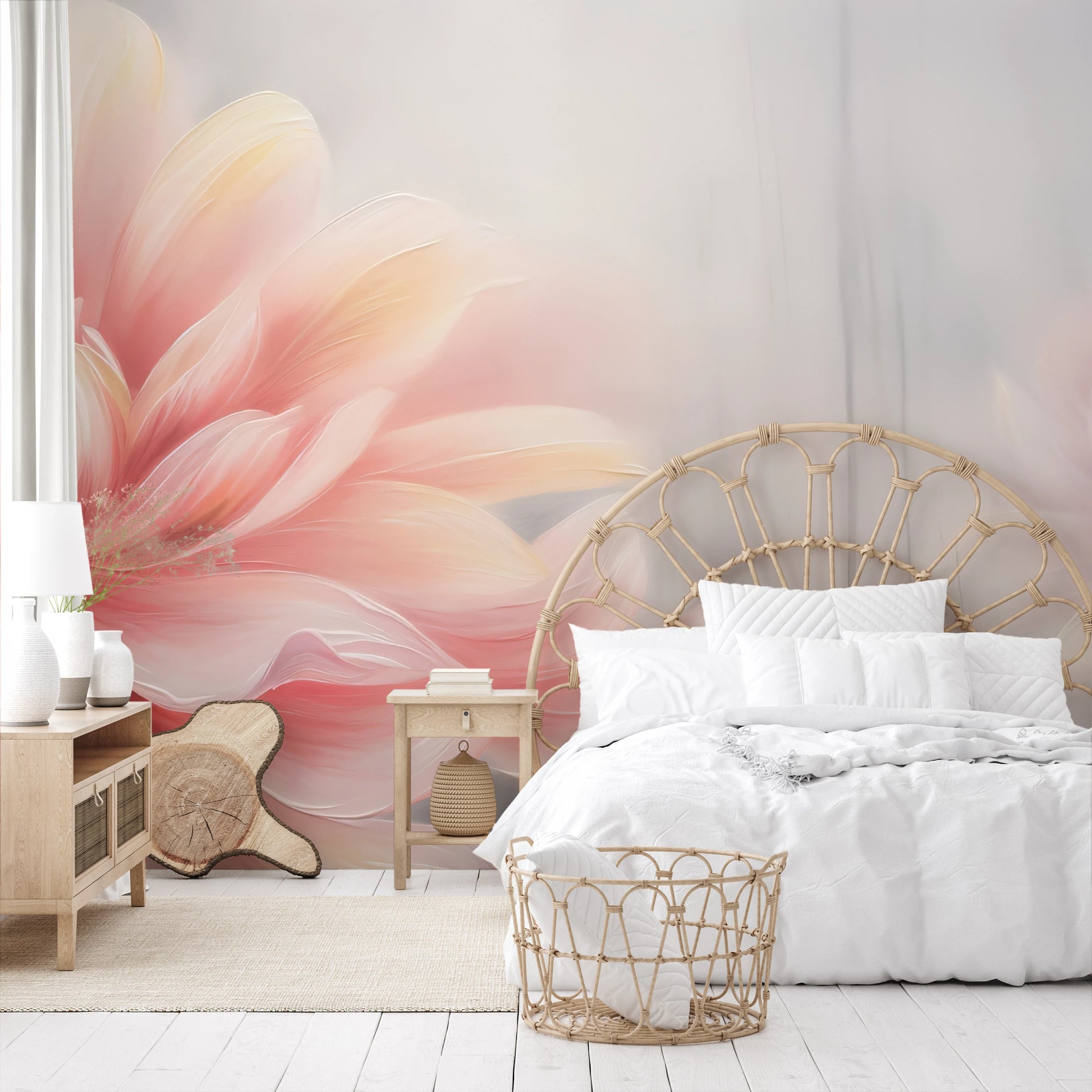 Wzór fototapety o nazwie Pink Petal Whirl pokazanej w kontekście pomieszczenia.