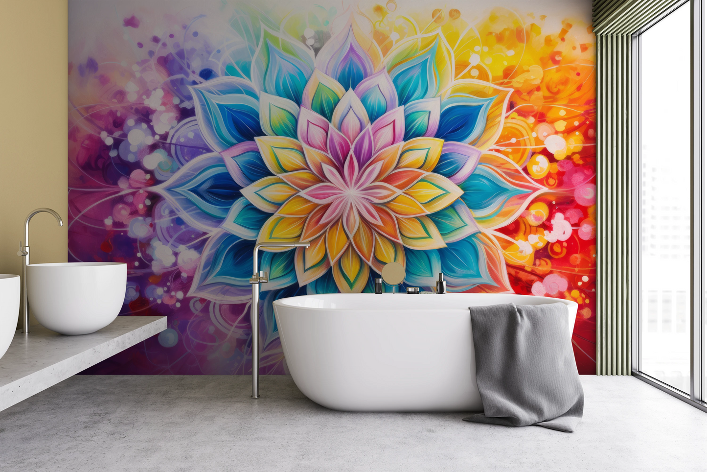 Wzór fototapety malowanej o nazwie Floral Harmony pokazanej w aranżacji wnętrza.