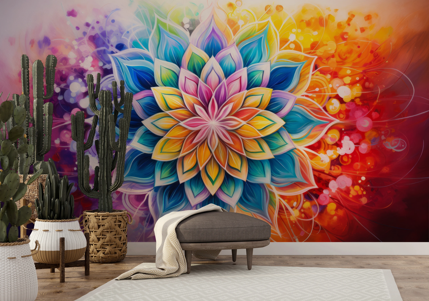 Wzór fototapety artystycznej o nazwie Floral Harmony pokazanej w aranżacji wnętrza.
