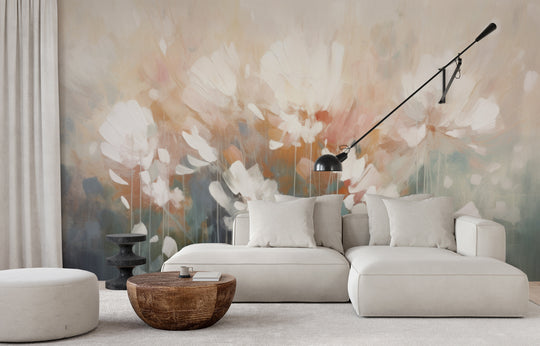 Wzór fototapety artystycznej o nazwie Creamy Petal Embrace pokazanej w aranżacji wnętrza.