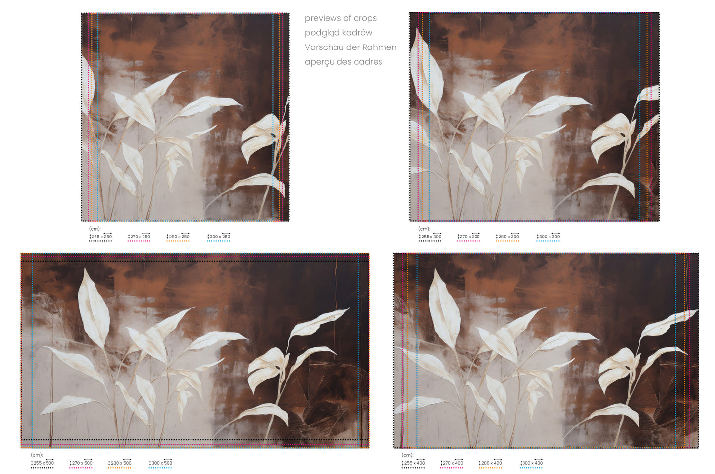 Na obrazie znajduje się prezentacja przykładowych rozmiarów fototapety o nazwie Serene Flora #2. Rozmiar fototapety jest dowolny.