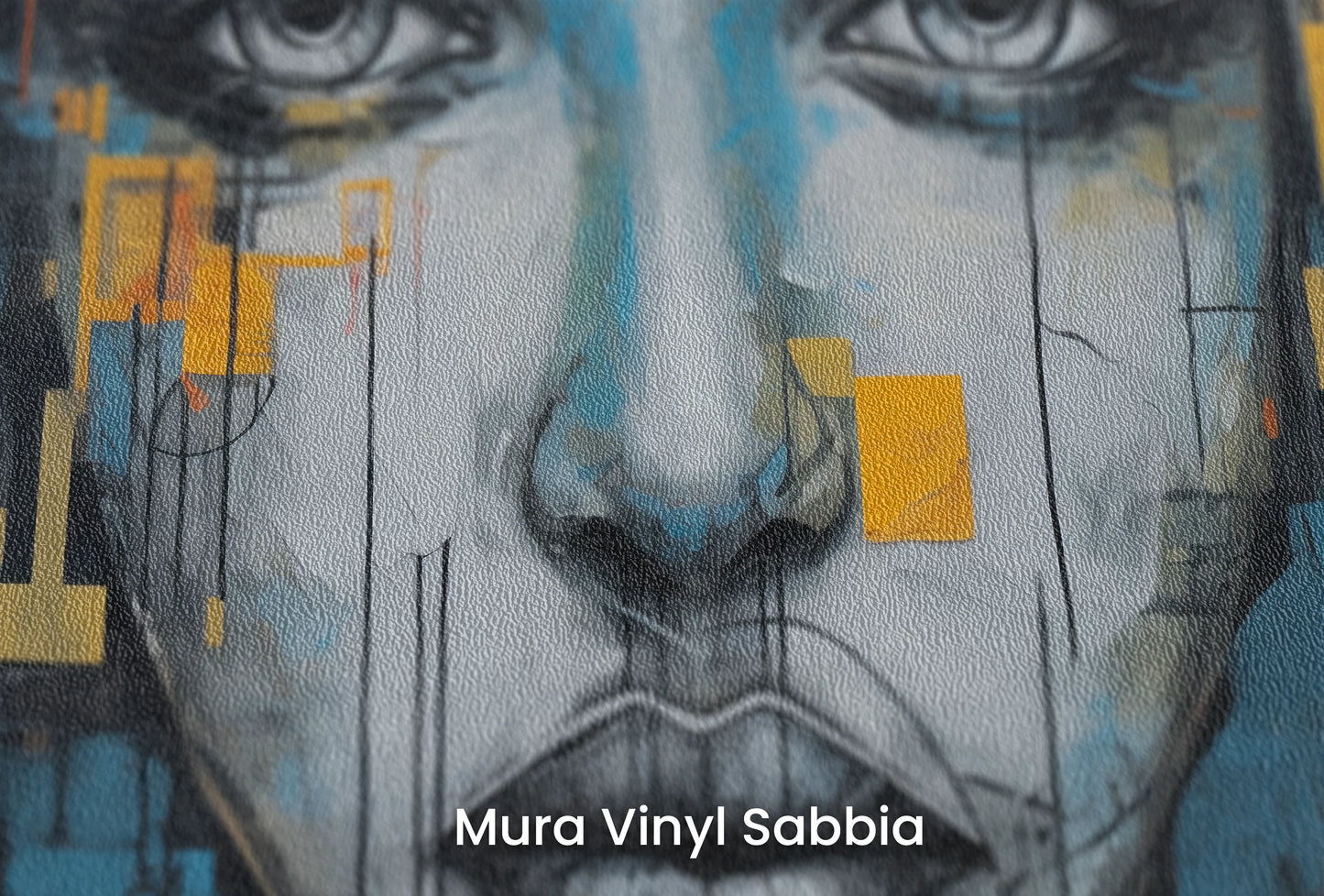 Zbliżenie na artystyczną fototapetę o nazwie Urban Gaze na podłożu Mura Vinyl Sabbia struktura grubego ziarna piasku.