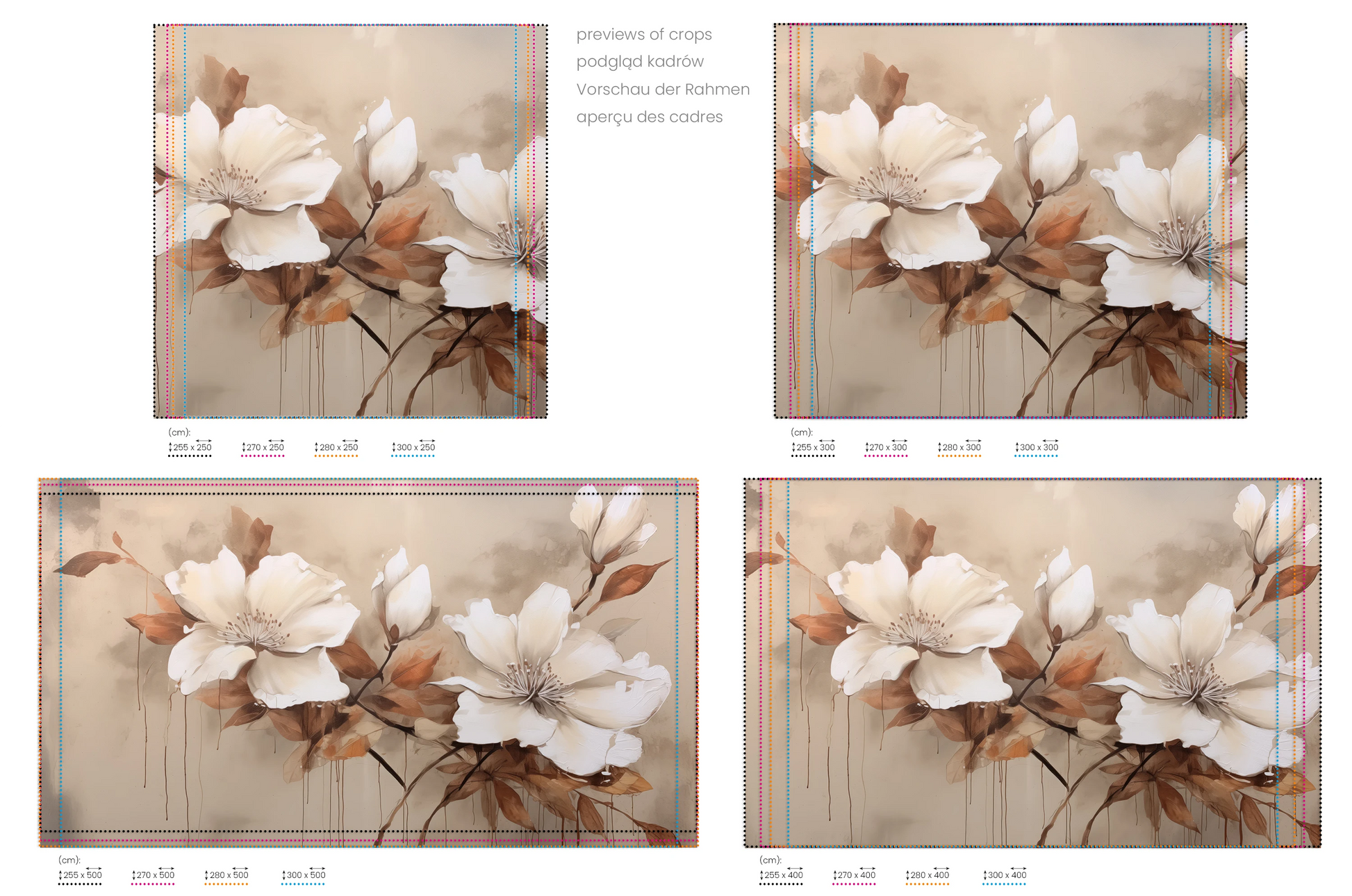 Na obrazie znajduje się prezentacja przykładowych rozmiarów fototapety o nazwie Magnolia Elegance. Rozmiar fototapety jest dowolny.