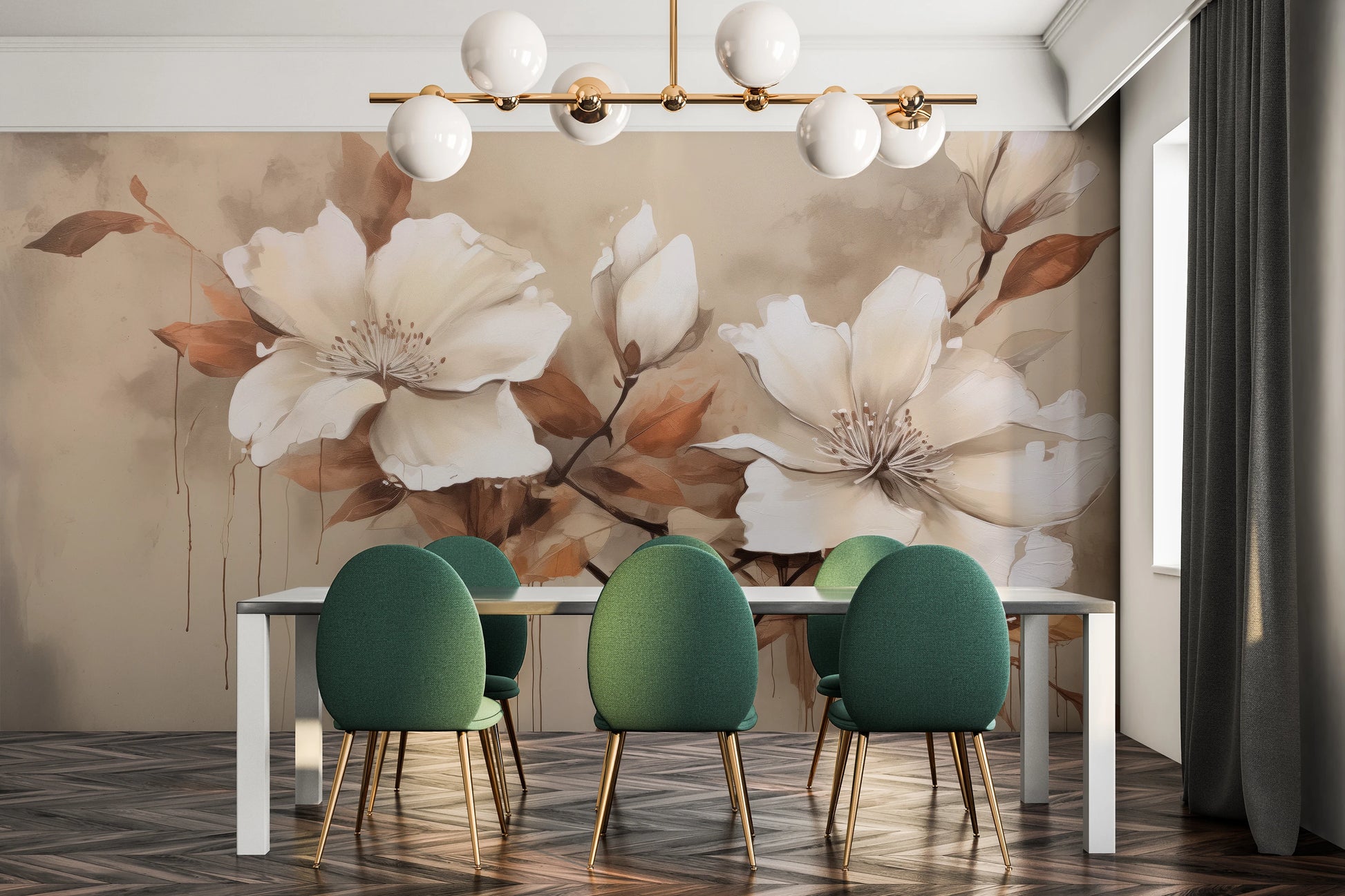 Wzór fototapety malowanej o nazwie Magnolia Elegance pokazanej w aranżacji wnętrza.