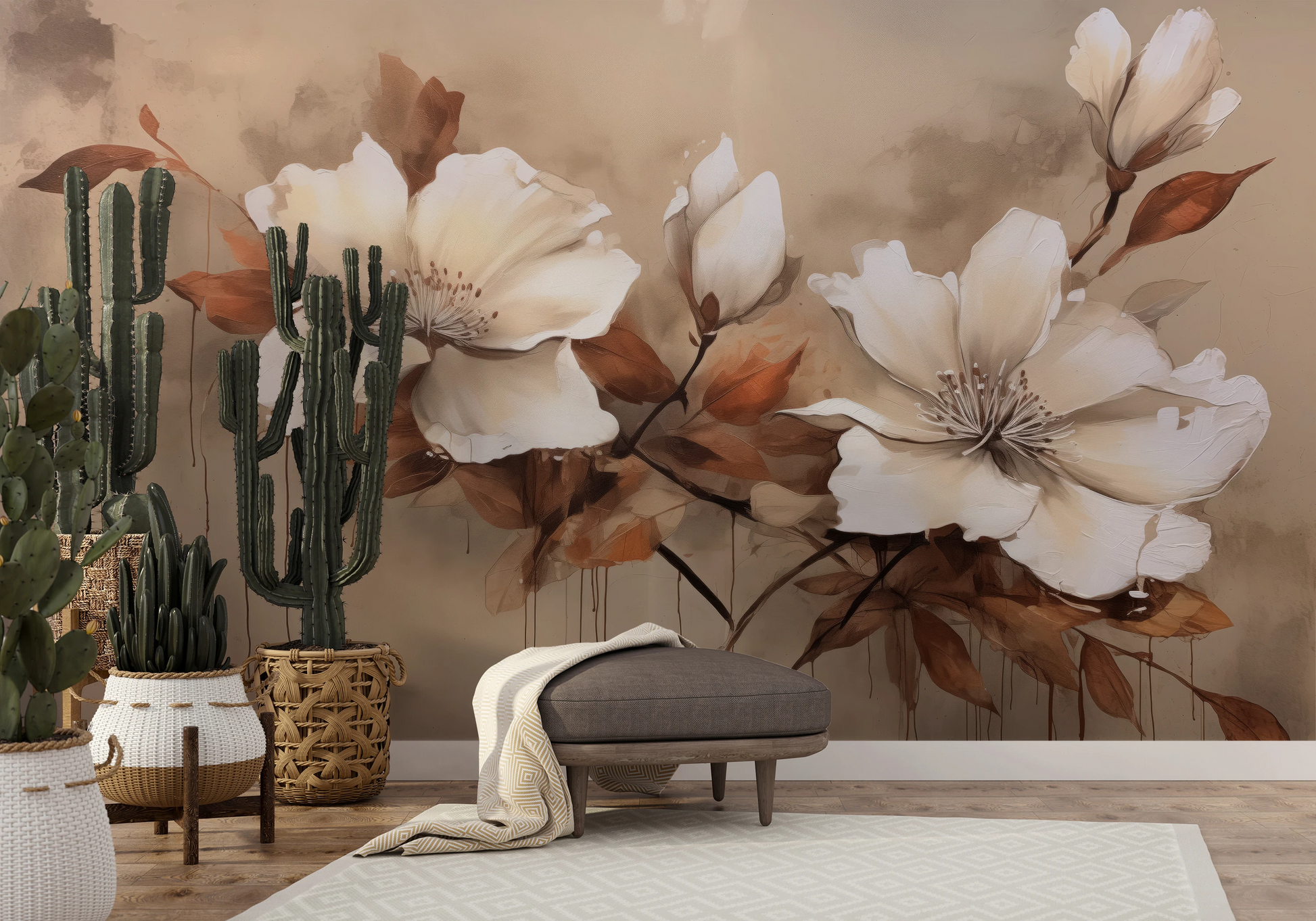 Wzór fototapety o nazwie Magnolia Elegance pokazanej w kontekście pomieszczenia.