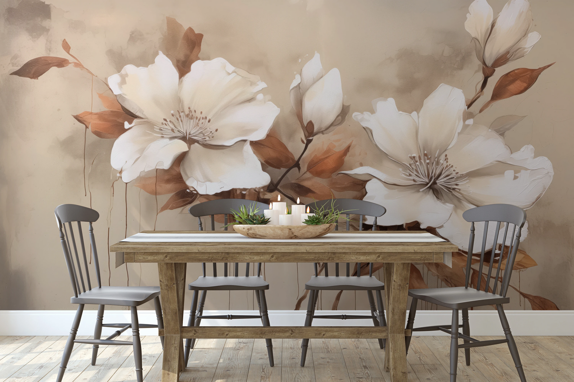 Wzór fototapety artystycznej o nazwie Magnolia Elegance pokazanej w aranżacji wnętrza.