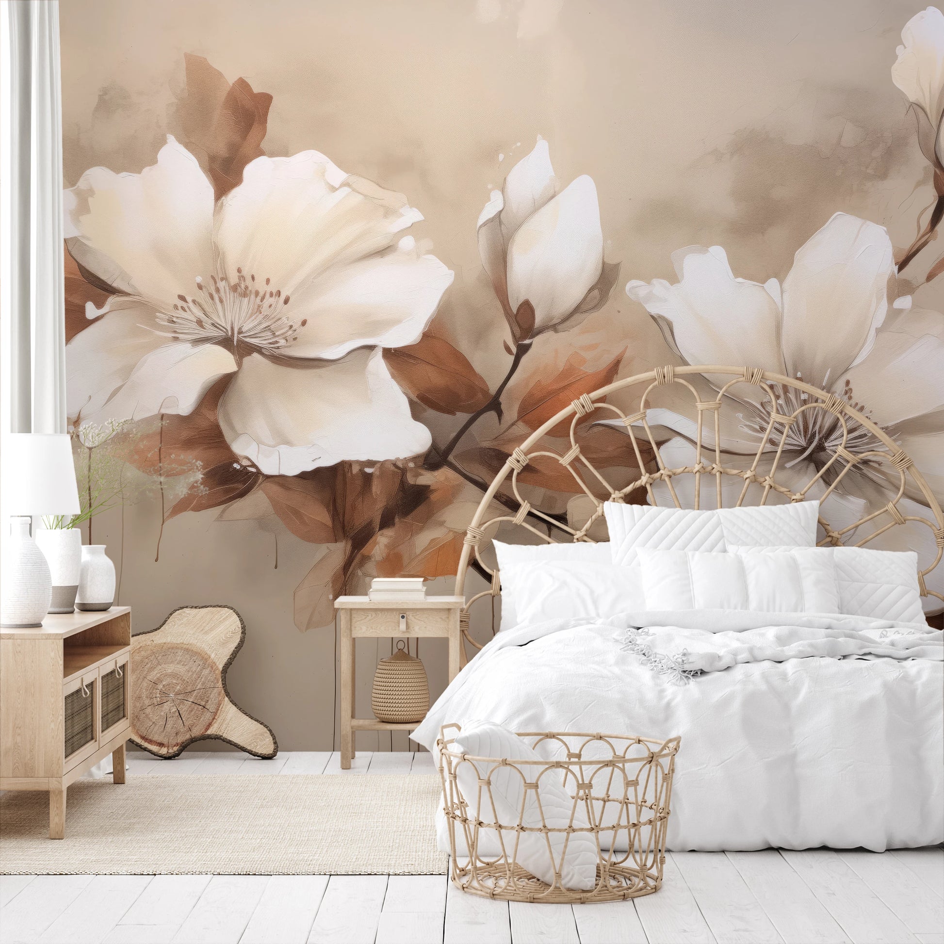Wzór fototapety artystycznej o nazwie Magnolia Elegance pokazanej w aranżacji wnętrza.