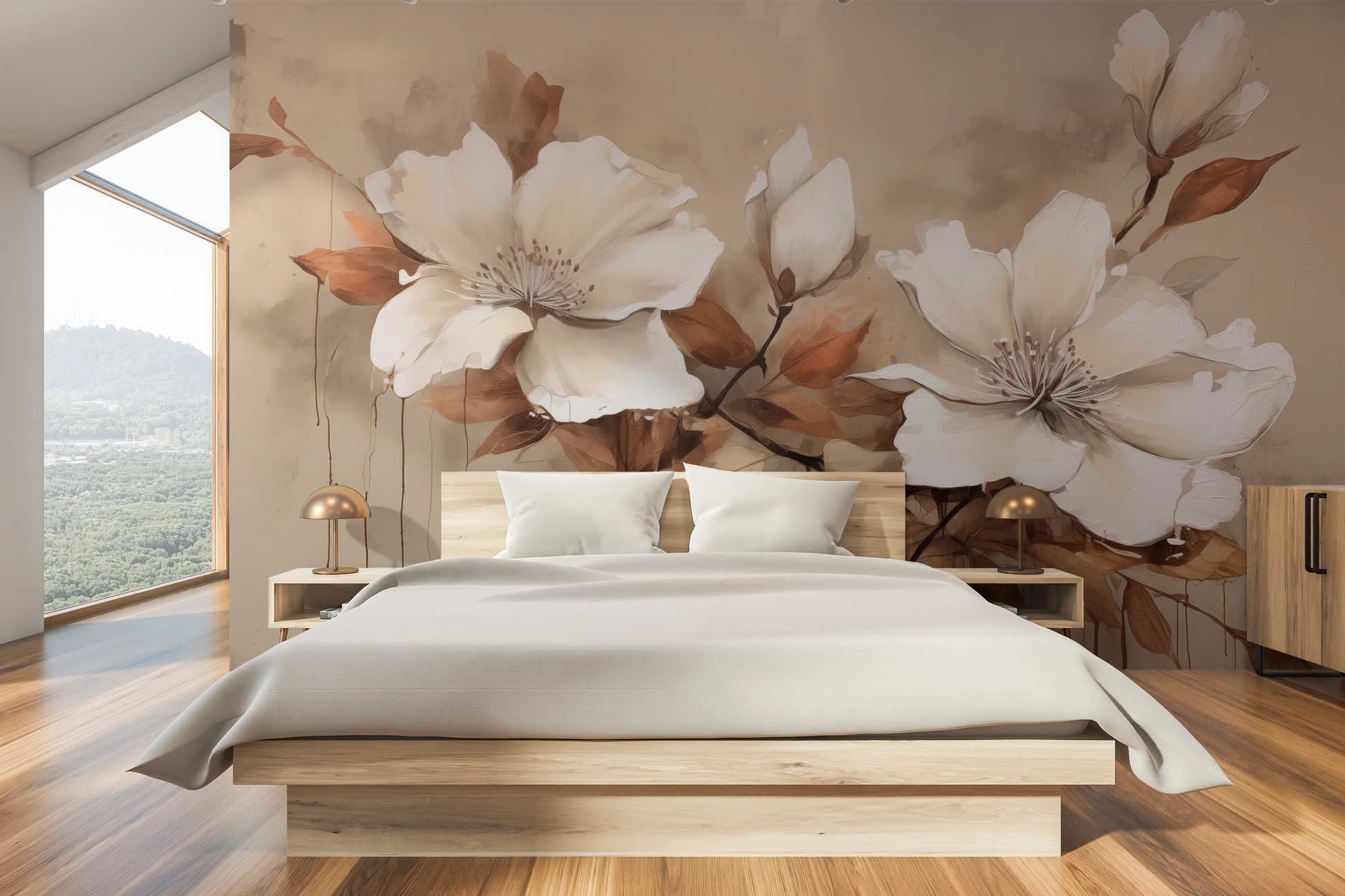 Fototapeta artystyczna o nazwie Magnolia Elegance pokazana w aranżacji wnętrza.