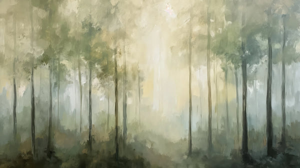 Forêt Mystique - papier peint mystérieux d'une forêt dans le brouillard avec des silhouettes d'arbres brumeux