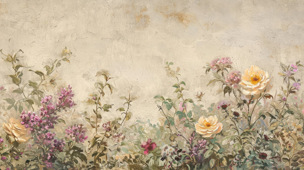 Fresco de Jardin - Papier Peint Floral Peint avec des Pivoines et des Roses Pastel