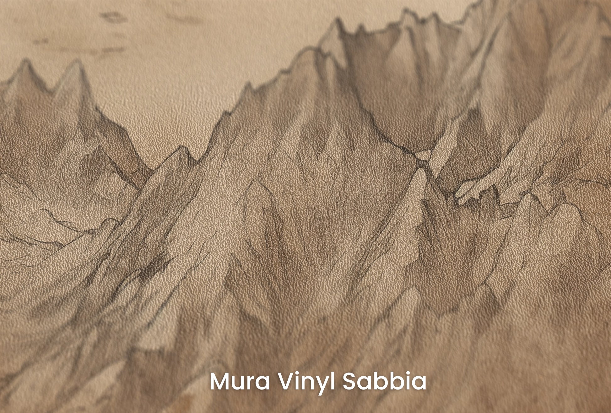 Zbliżenie na artystyczną fototapetę o nazwie Ancient Peaks na podłożu Mura Vinyl Sabbia struktura grubego ziarna piasku.