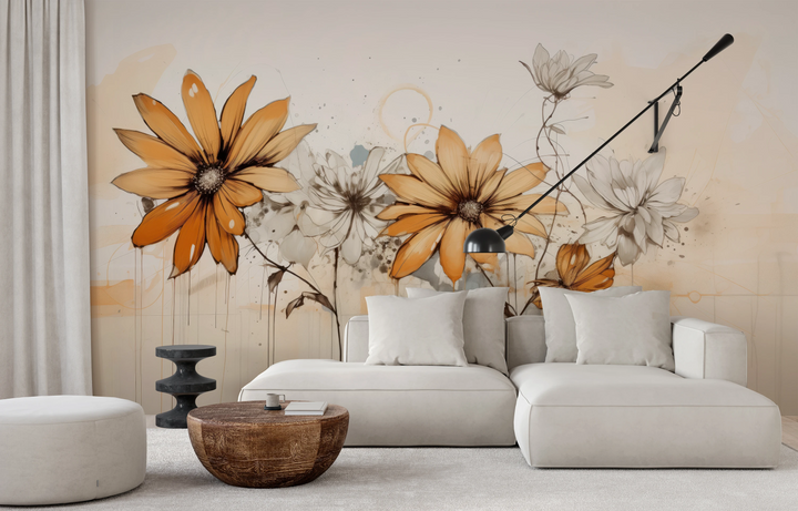 Zdjęcie prezentuje aranżację wnętrza z użyciem fototapety o nazwie Abstract Florals pokazanej w aranżacji wnętrza.