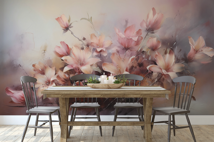 Wzór fototapety artystycznej o nazwie Misty Blossoms pokazanej w aranżacji wnętrza.