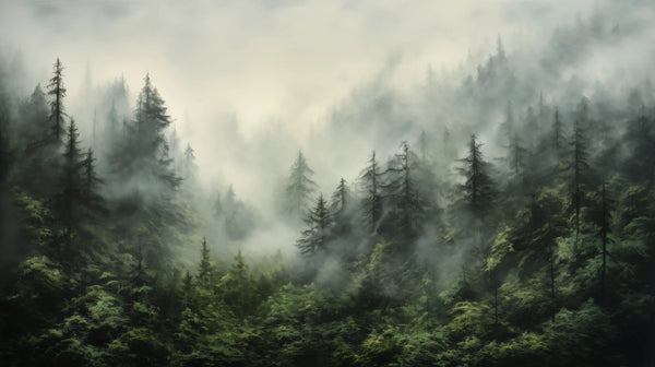 Brume sur les Arbres - papier peint forestier minimaliste dans une palette grise atténuée