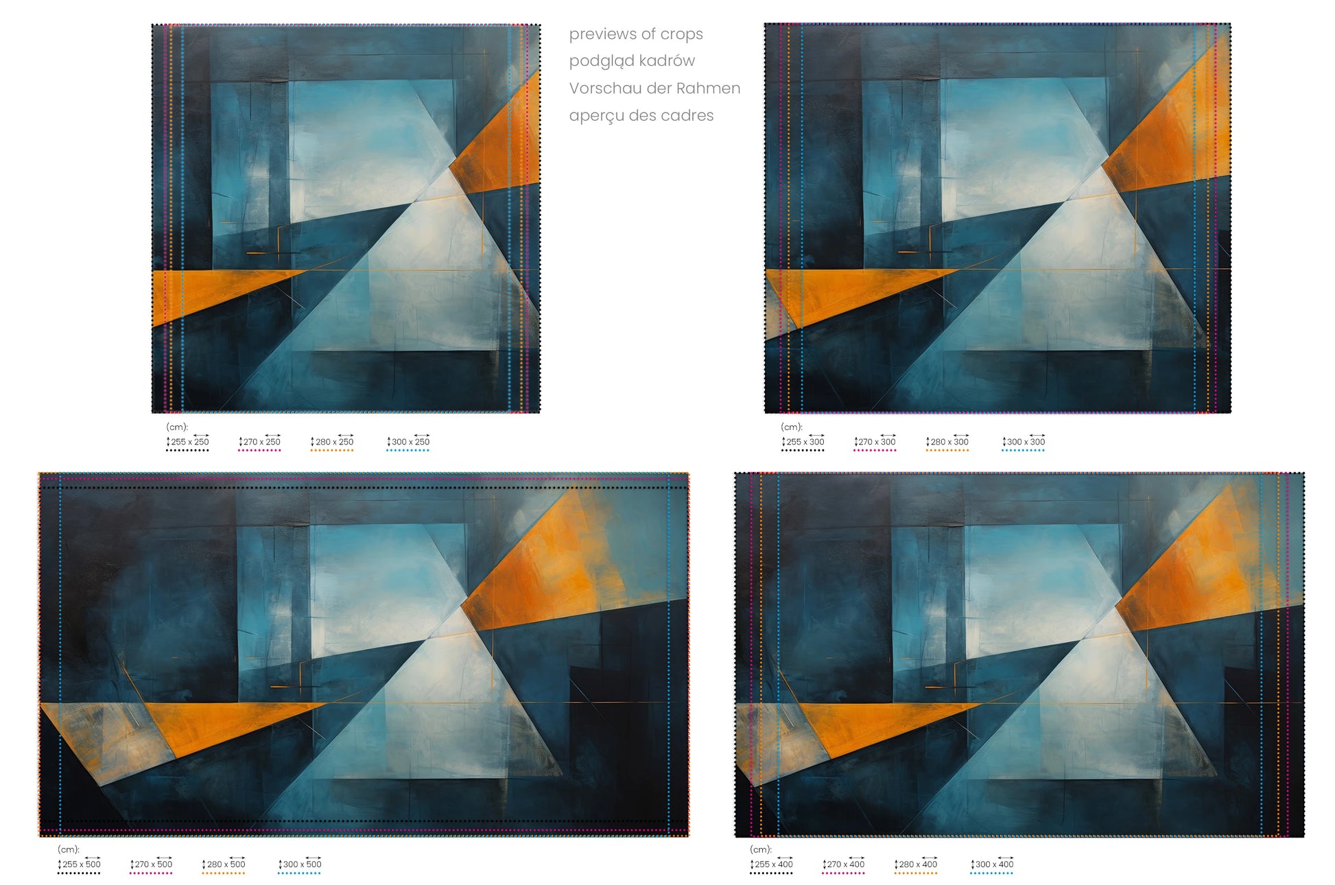 Na obrazie znajduje się prezentacja przykładowych rozmiarów fototapety o nazwie Geometric Sunrise #3. Rozmiar fototapety jest dowolny.