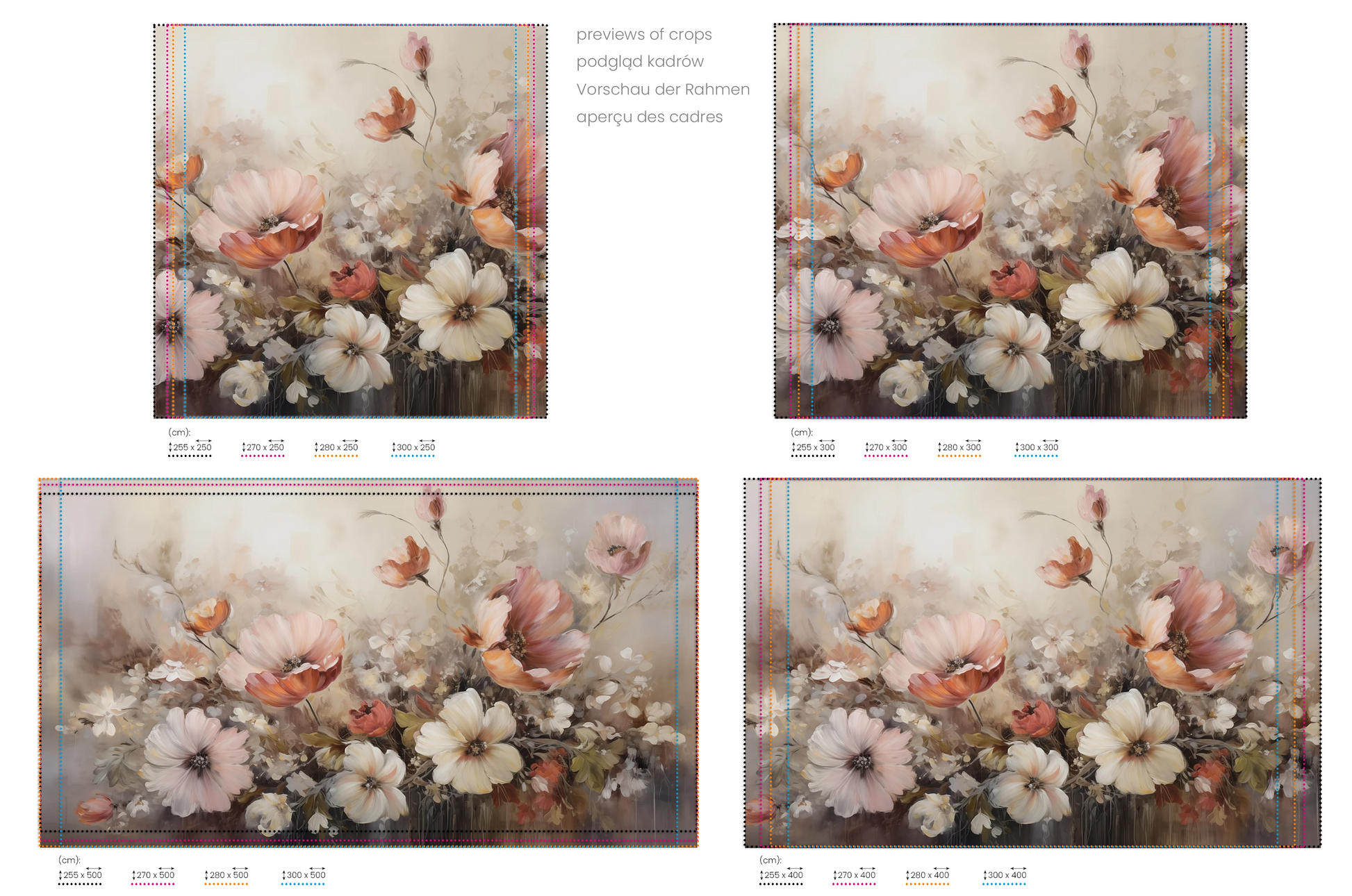 Na obrazie znajduje się prezentacja przykładowych rozmiarów fototapety o nazwie Soft Floral Symphony. Rozmiar fototapety jest dowolny.