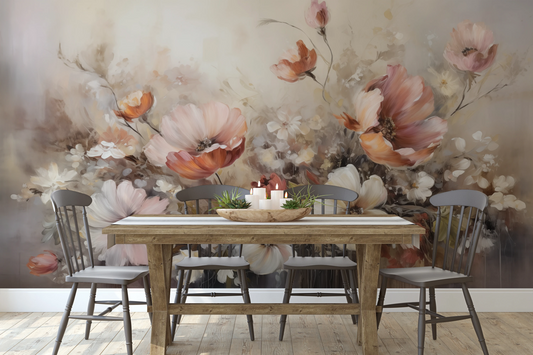 Wzór fototapety artystycznej o nazwie Soft Floral Symphony pokazanej w aranżacji wnętrza.