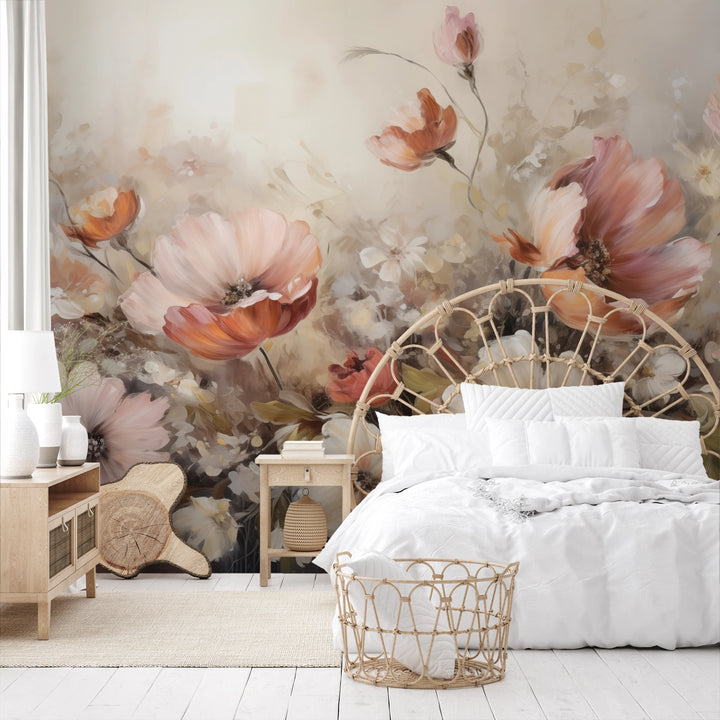 Fototapeta artystyczna o nazwie Soft Floral Symphony pokazana w aranżacji wnętrza.