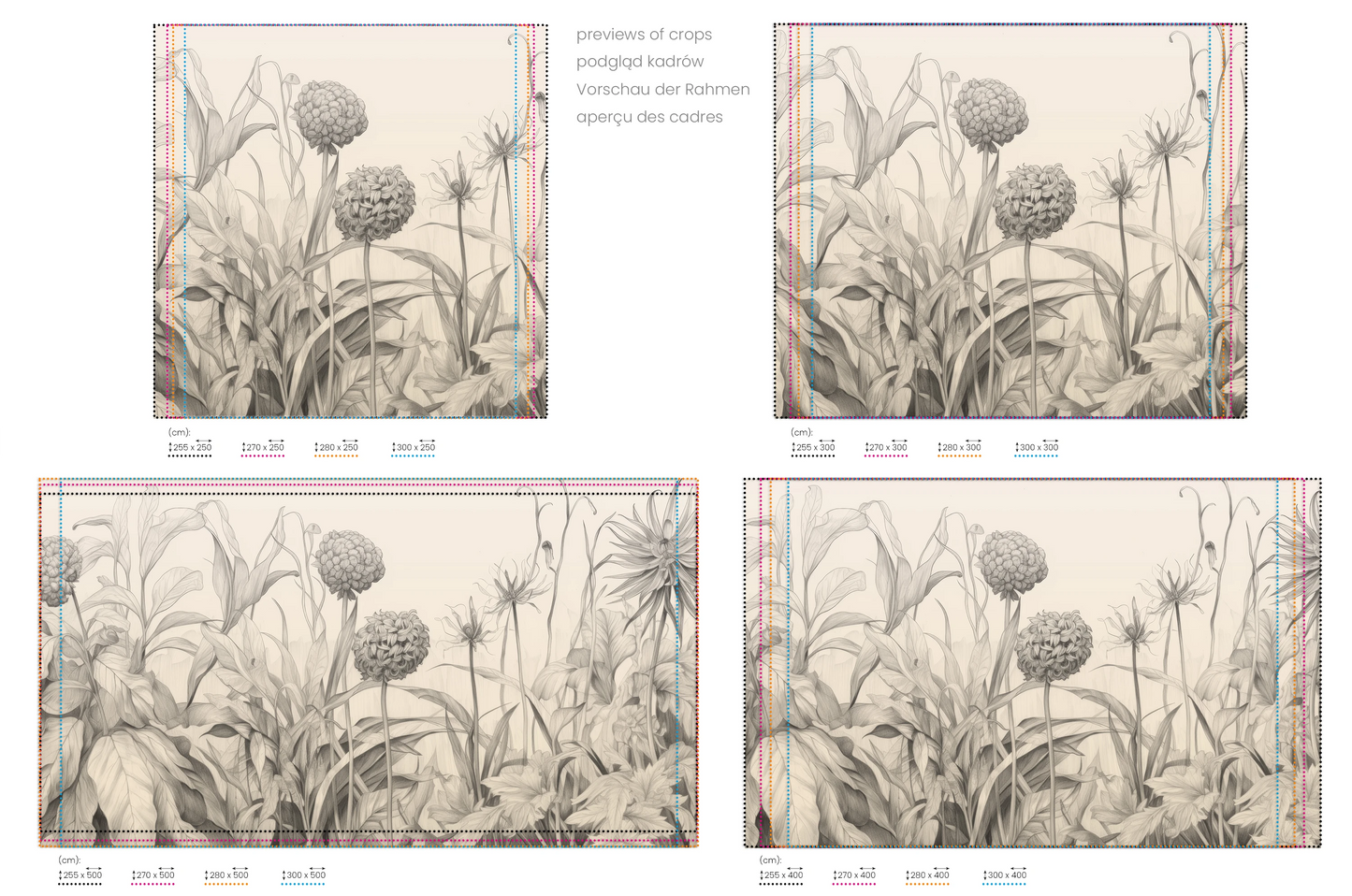 Na obrazie znajduje się prezentacja przykładowych rozmiarów fototapety o nazwie Garden Sketches. Rozmiar fototapety jest dowolny.