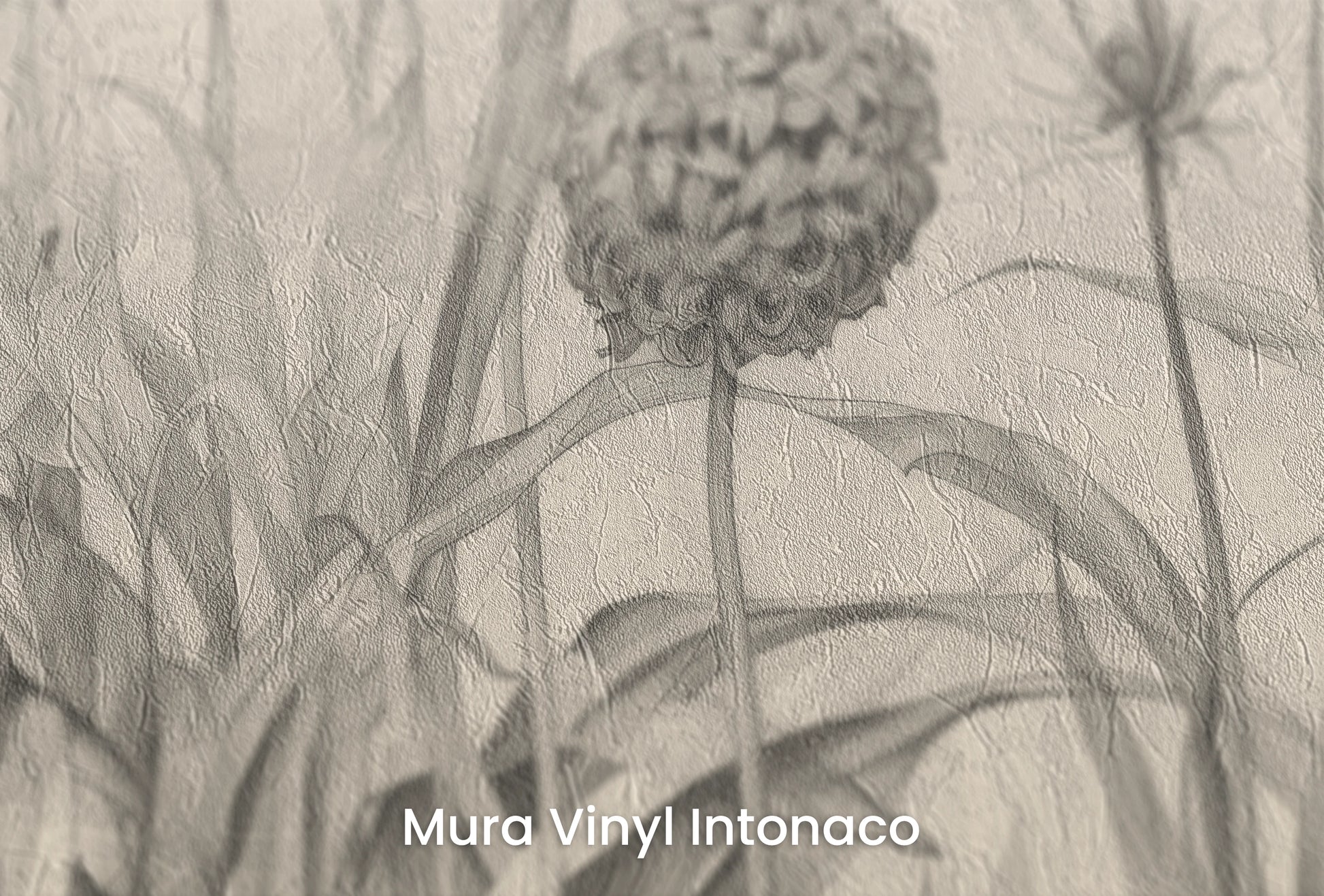 Zbliżenie na artystyczną fototapetę o nazwie Garden Sketches na podłożu Mura Vinyl Intonaco - struktura tartego tynku.