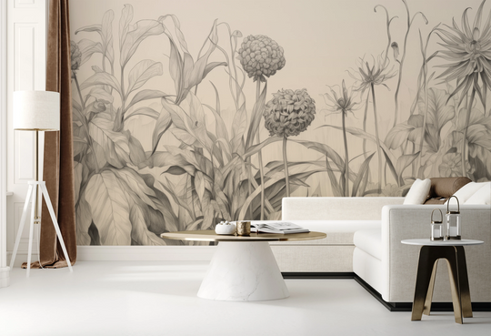 Wzór fototapety artystycznej o nazwie Garden Sketches pokazanej w aranżacji wnętrza.