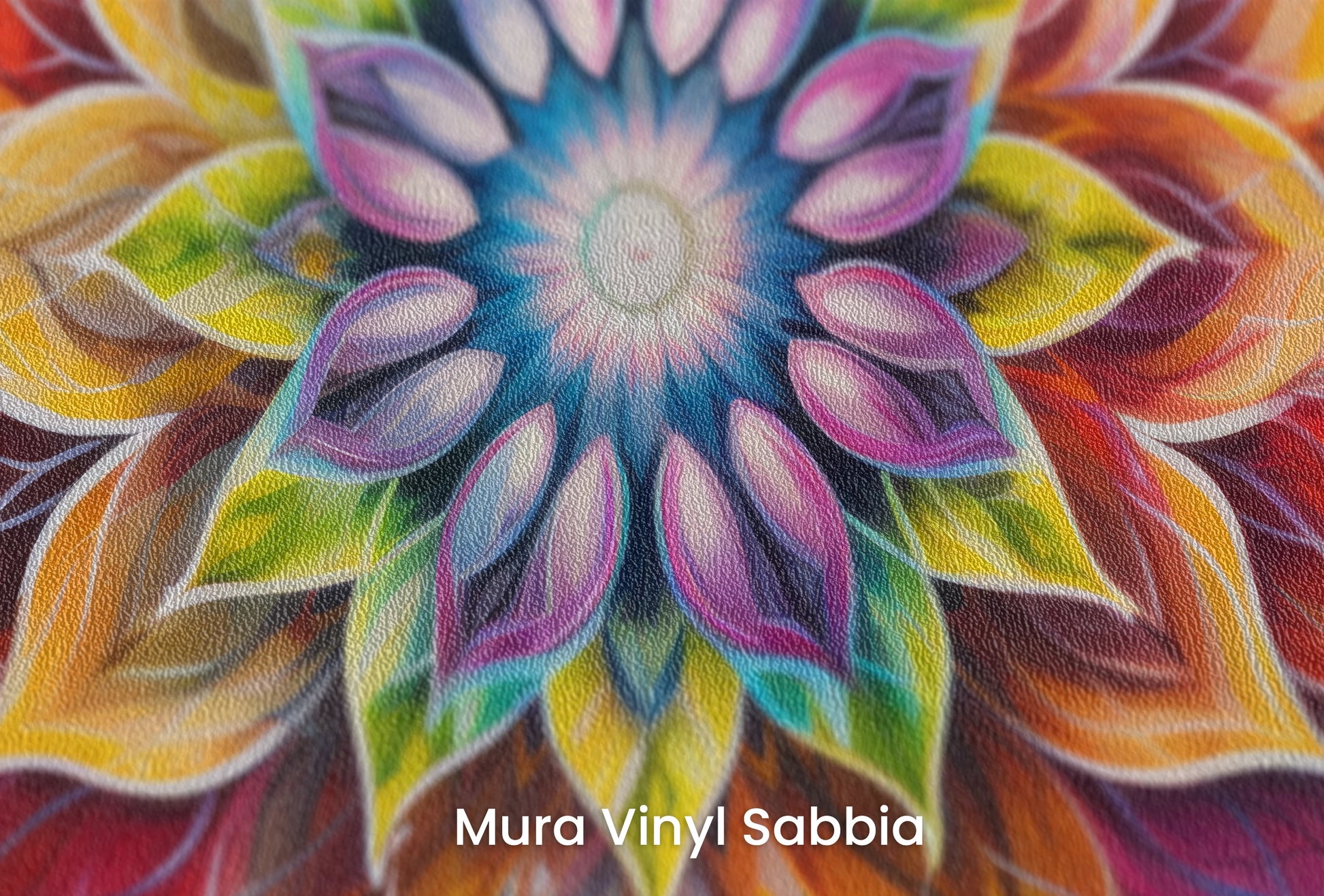 Zbliżenie na artystyczną fototapetę o nazwie Vibrant Spirit na podłożu Mura Vinyl Sabbia struktura grubego ziarna piasku.