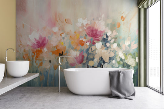 Wzór fototapety artystycznej o nazwie Pastel Petal Canvas pokazanej w aranżacji wnętrza.