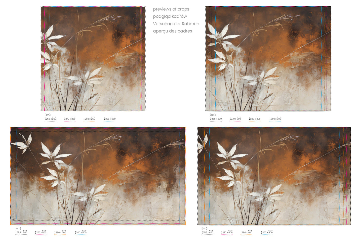 Na obrazie znajduje się prezentacja przykładowych rozmiarów fototapety o nazwie Autumn Whisper #6. Rozmiar fototapety jest dowolny.