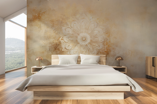 Wzór fototapety artystycznej o nazwie Serene Flora pokazanej w aranżacji wnętrza.