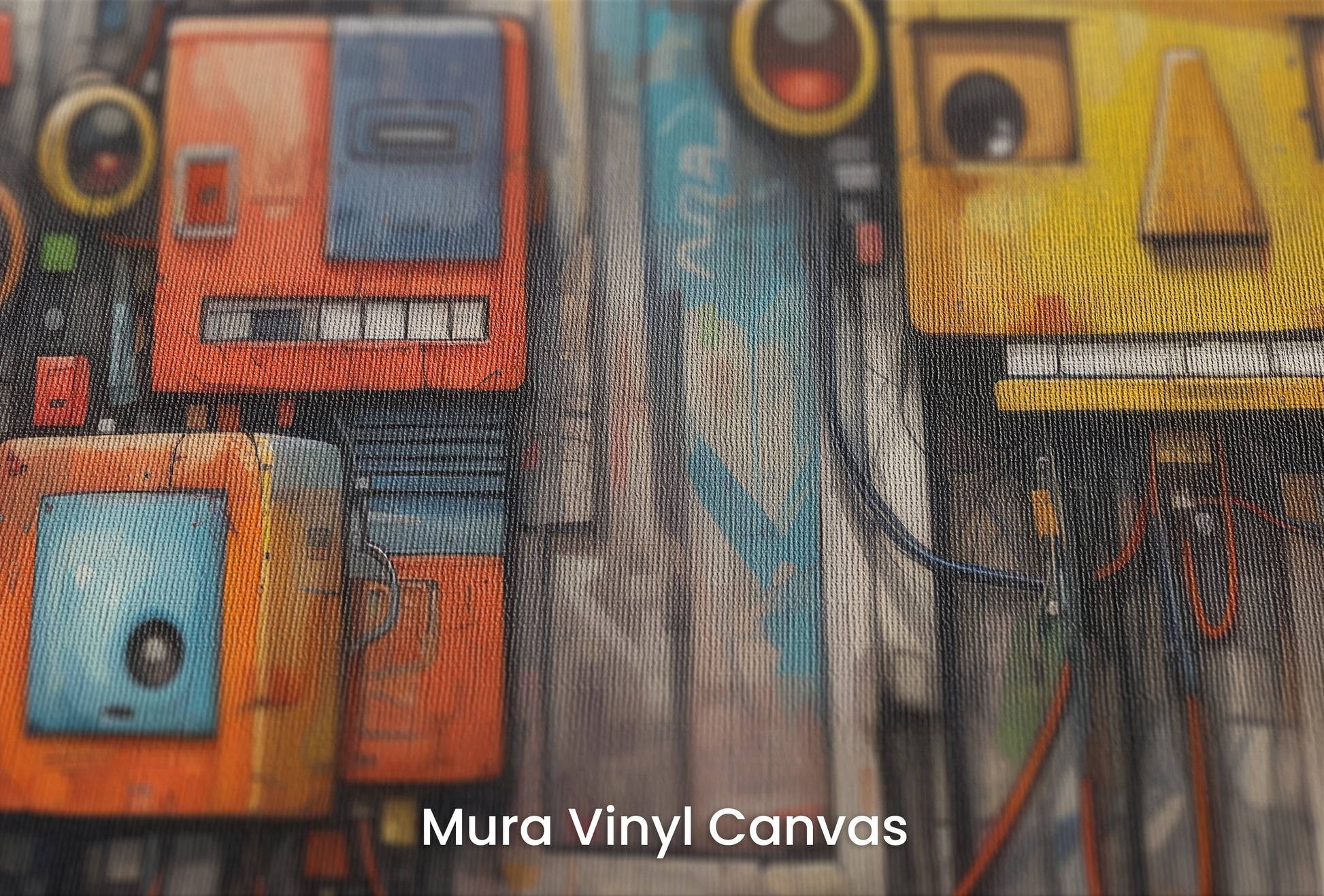 Zbliżenie na artystyczną fototapetę o nazwie Mechanical Life na podłożu Mura Vinyl Canvas - faktura naturalnego płótna.