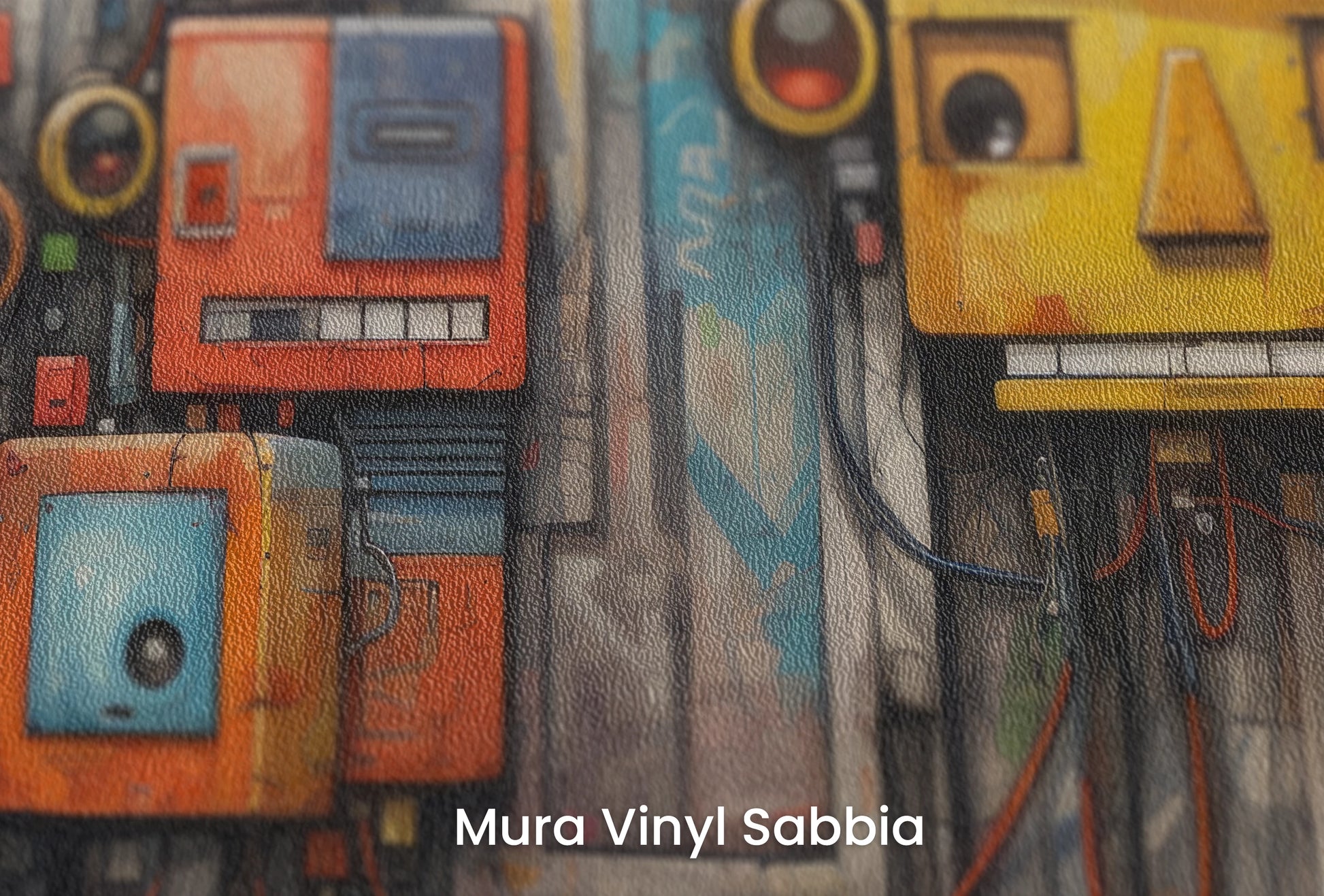Zbliżenie na artystyczną fototapetę o nazwie Mechanical Life na podłożu Mura Vinyl Sabbia struktura grubego ziarna piasku.