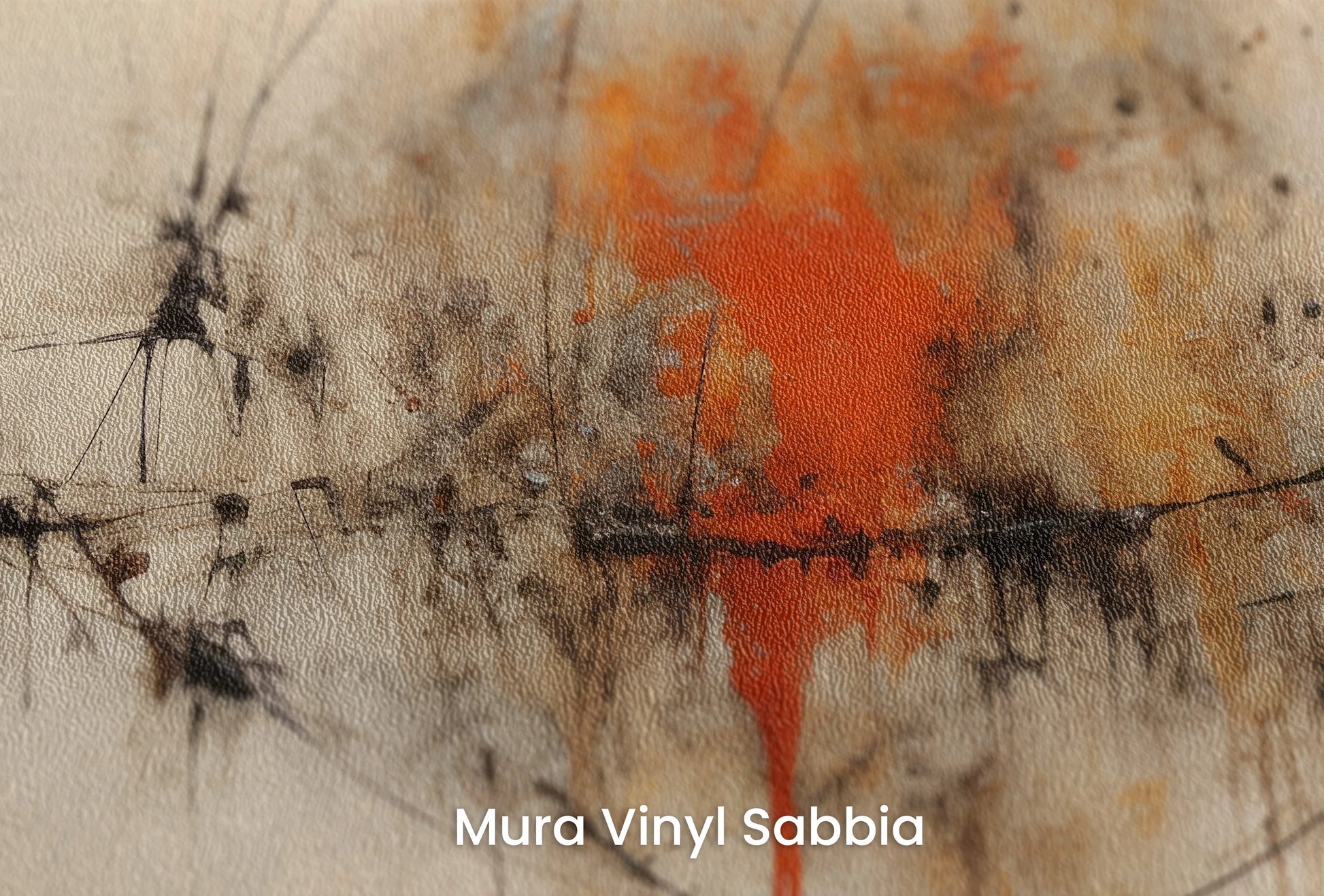Zbliżenie na artystyczną fototapetę o nazwie Calm Geometric Sphere na podłożu Mura Vinyl Sabbia struktura grubego ziarna piasku.