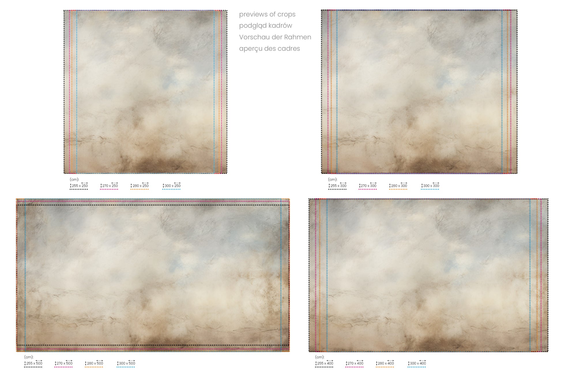 Na obrazie znajduje się prezentacja przykładowych rozmiarów fototapety o nazwie ETHEREAL MARBLE SKIES. Rozmiar fototapety jest dowolny.