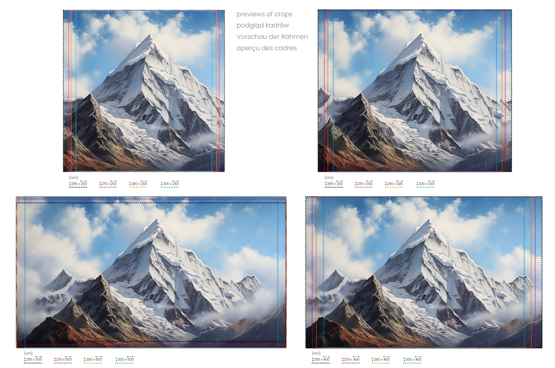 Na obrazie znajduje się prezentacja przykładowych rozmiarów fototapety o nazwie Misty Peaks. Rozmiar fototapety jest dowolny.