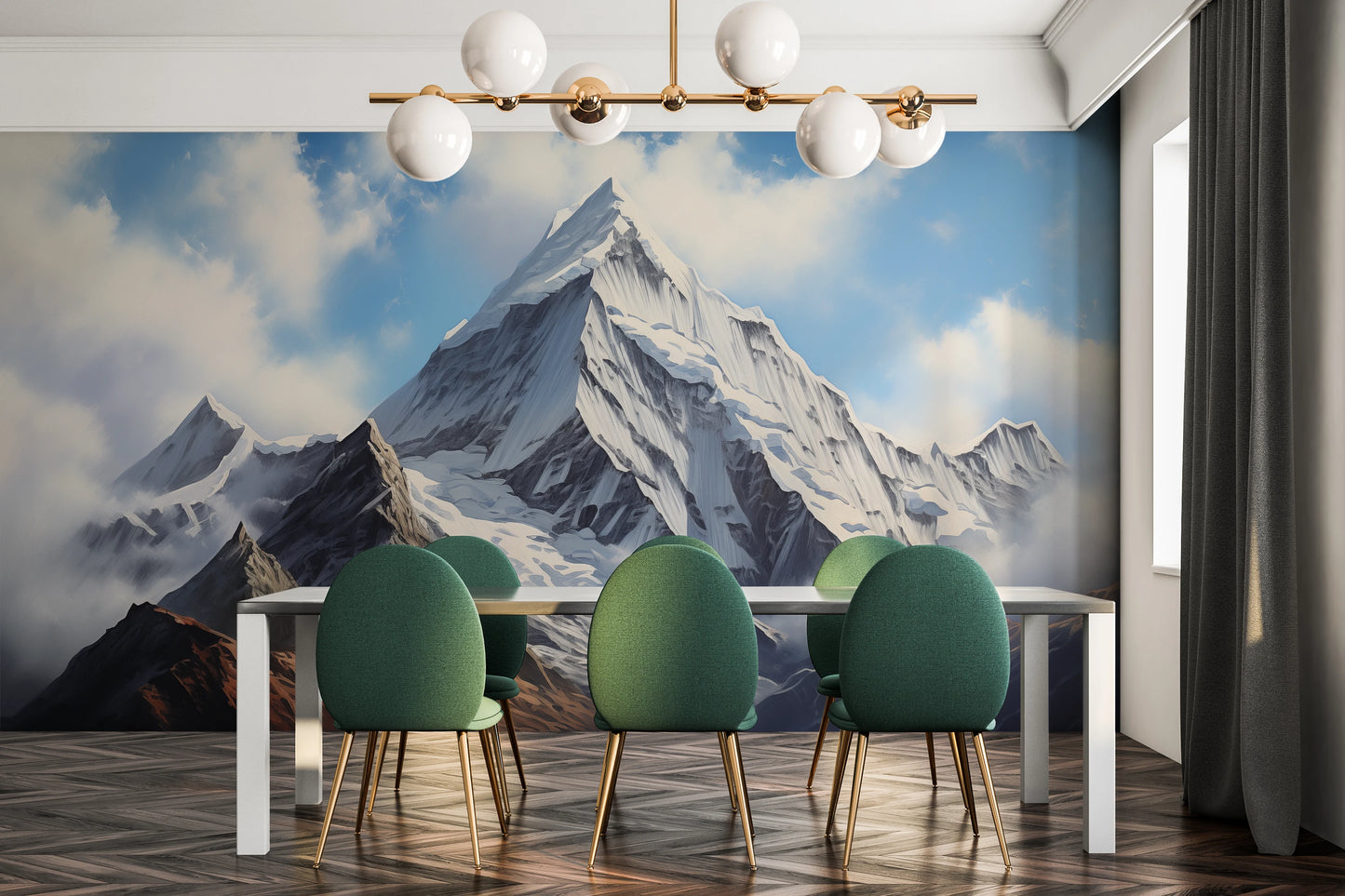 Wzór fototapety malowanej o nazwie Misty Peaks pokazanej w aranżacji wnętrza.